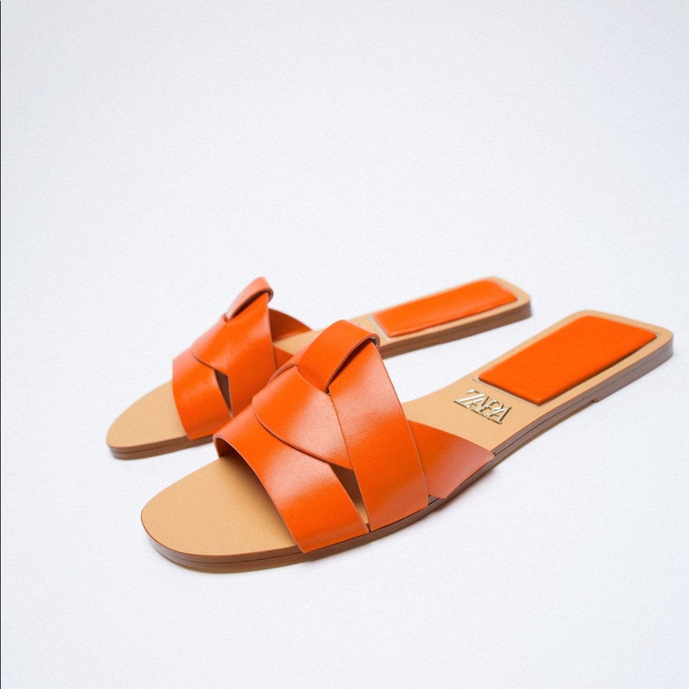 Zara Low Heeled Crossed Leather Sandals, Orange, Size 8. NWT